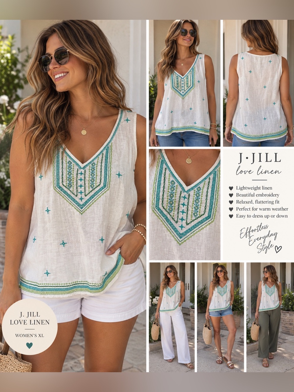J. Jill Love Linen Embroidered Tunic Top Women’s XL White Teal Green Boho Sleeve